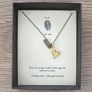 Never Worn B.U. Sisters Heart Necklace in Gold and Silver